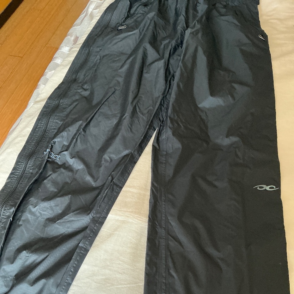Rain/snow “over” pants zippered legs Velcro waist for adjustment.